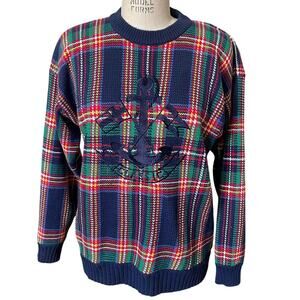 Vintage Unisex Charter Club Blue Plaid Cotton Sweater w/ Anchor Size Medium